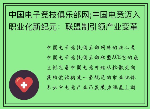中国电子竞技俱乐部网;中国电竞迈入职业化新纪元：联盟制引领产业变革
